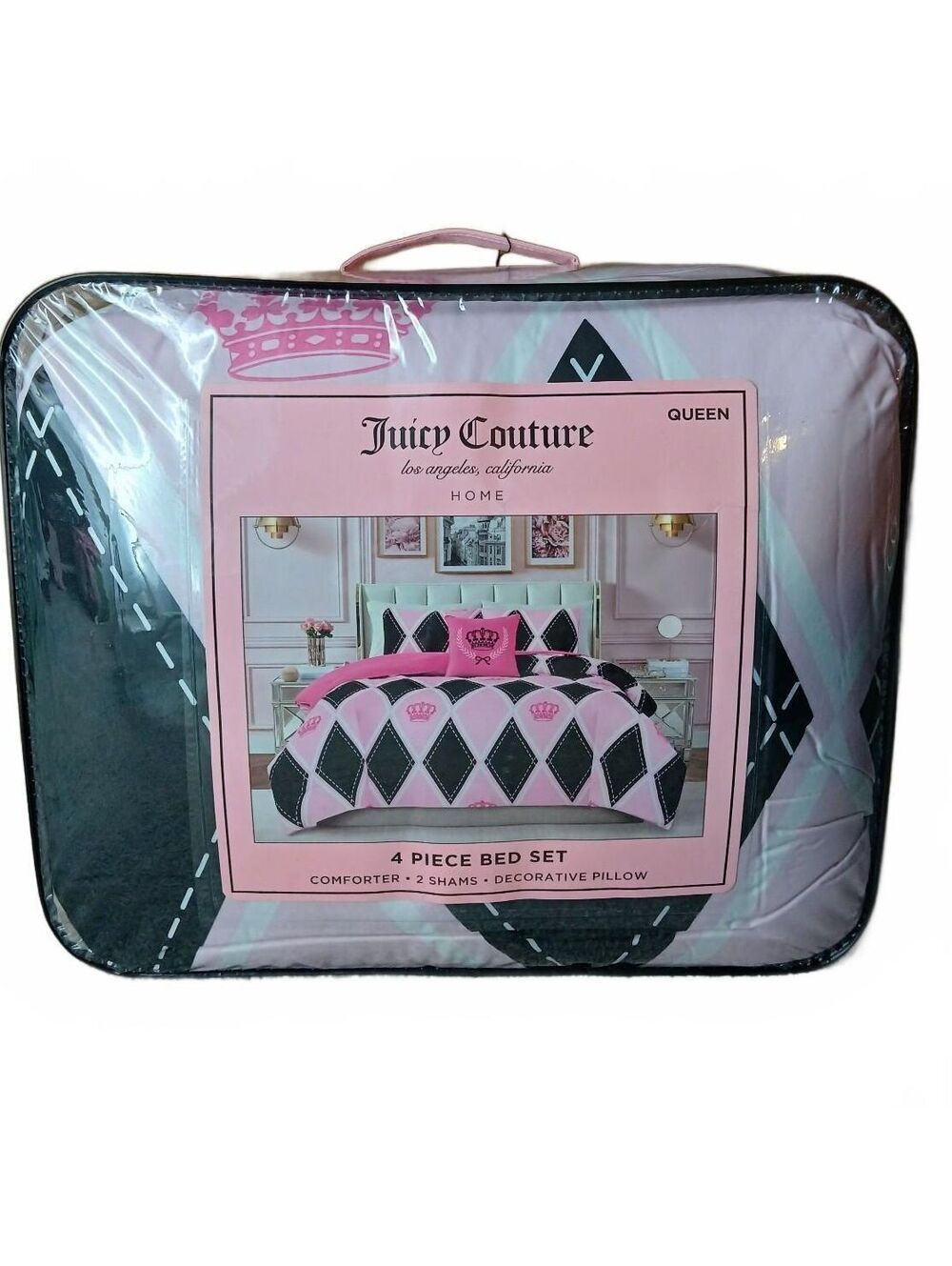 Juicy Couture Queen 4 Pc Comforter Set Crown Bow Pink Black Bedding NWT
